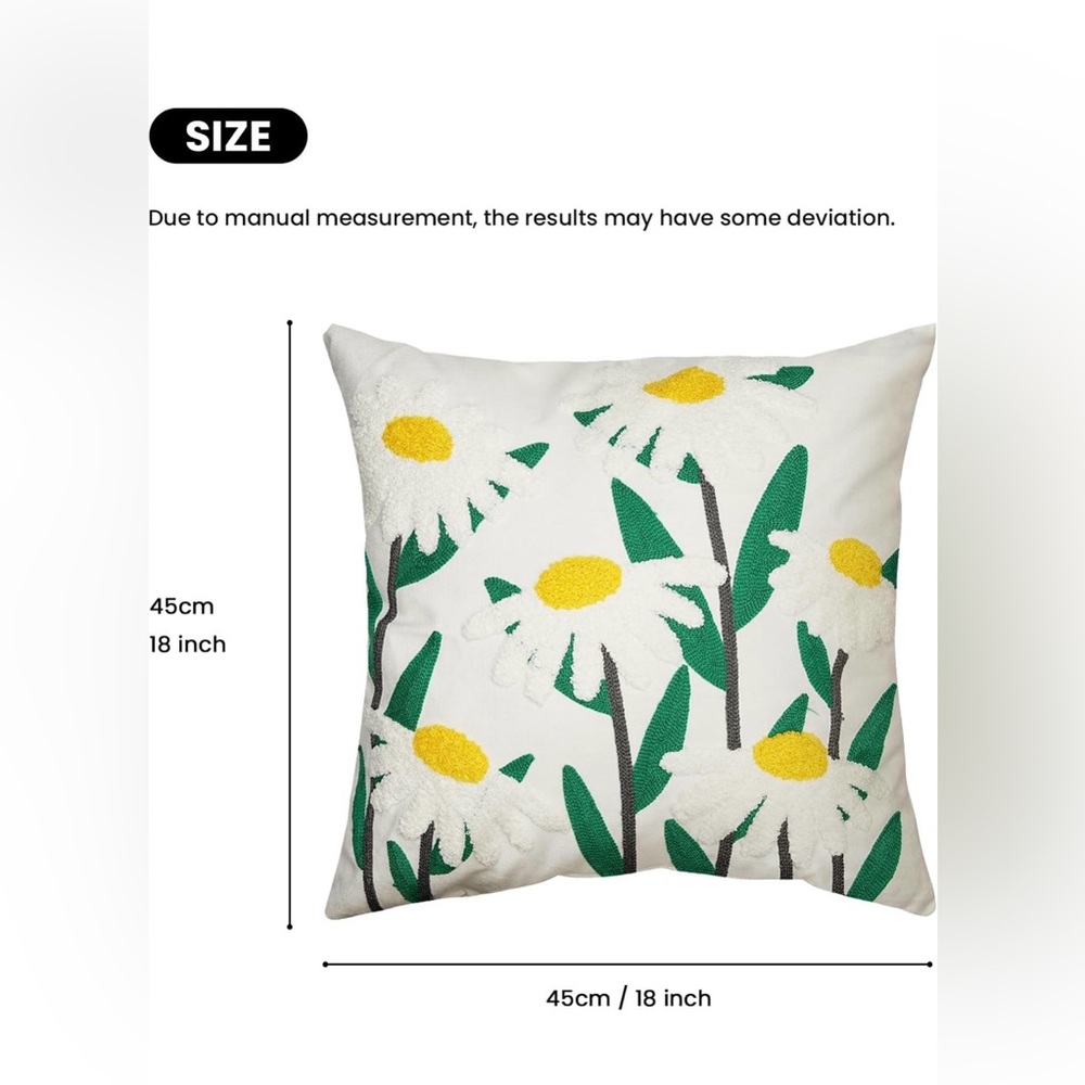 18" x 18" Embroidered Floral Throw Pillow Cover, Cotton Canvas Floral Decor - Picture 2 of 3